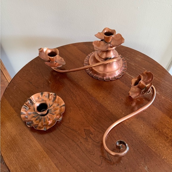 Georgian Copper Candelabra Twist 3 Candlestick Holders Rose Flower Broken - Picture 1 of 9